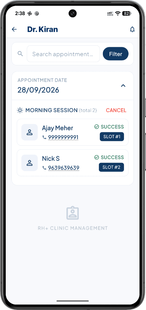 RH+ Clinic Mobile Slot & Appointment Screen