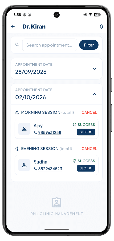 RH+ Clinic Mobile Slot & Appointment Screen