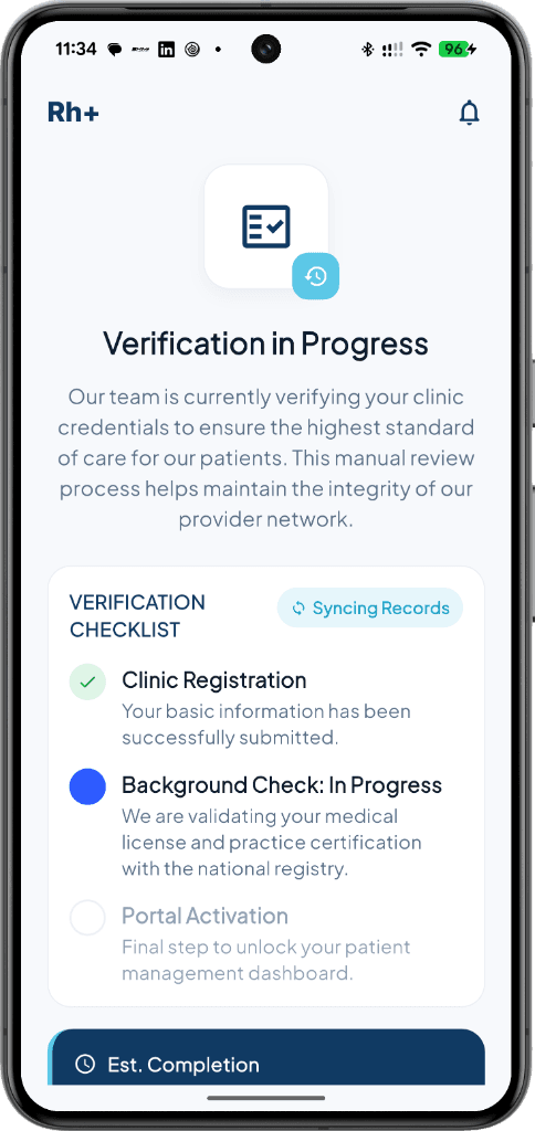 RH+ Clinic Verification in Progress Checklist Screen