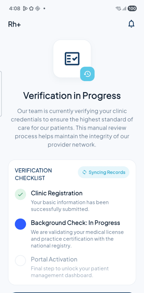 RH+ Clinic Verification in Progress Screen